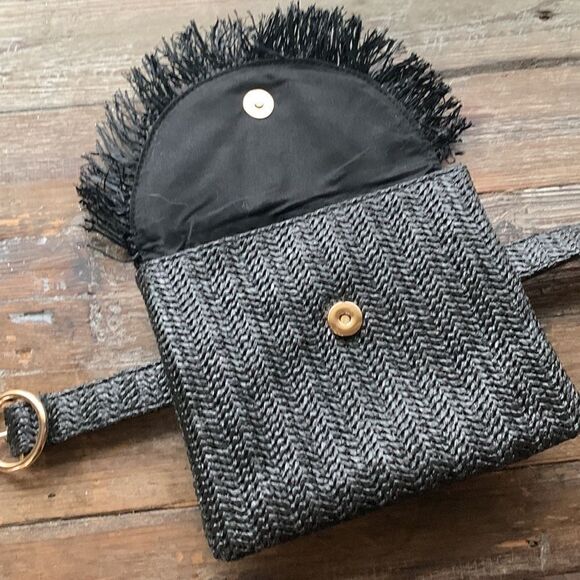Black belted bohemian boho bag small medium Fanny pack belt bag straw main image 4